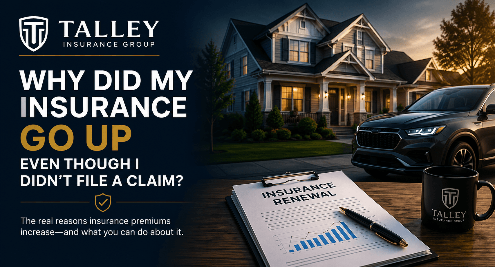 Illustration of a suburban home, SUV, and insurance renewal documents promoting Talley Insurance Group's article explaining insurance premium increases without claims.