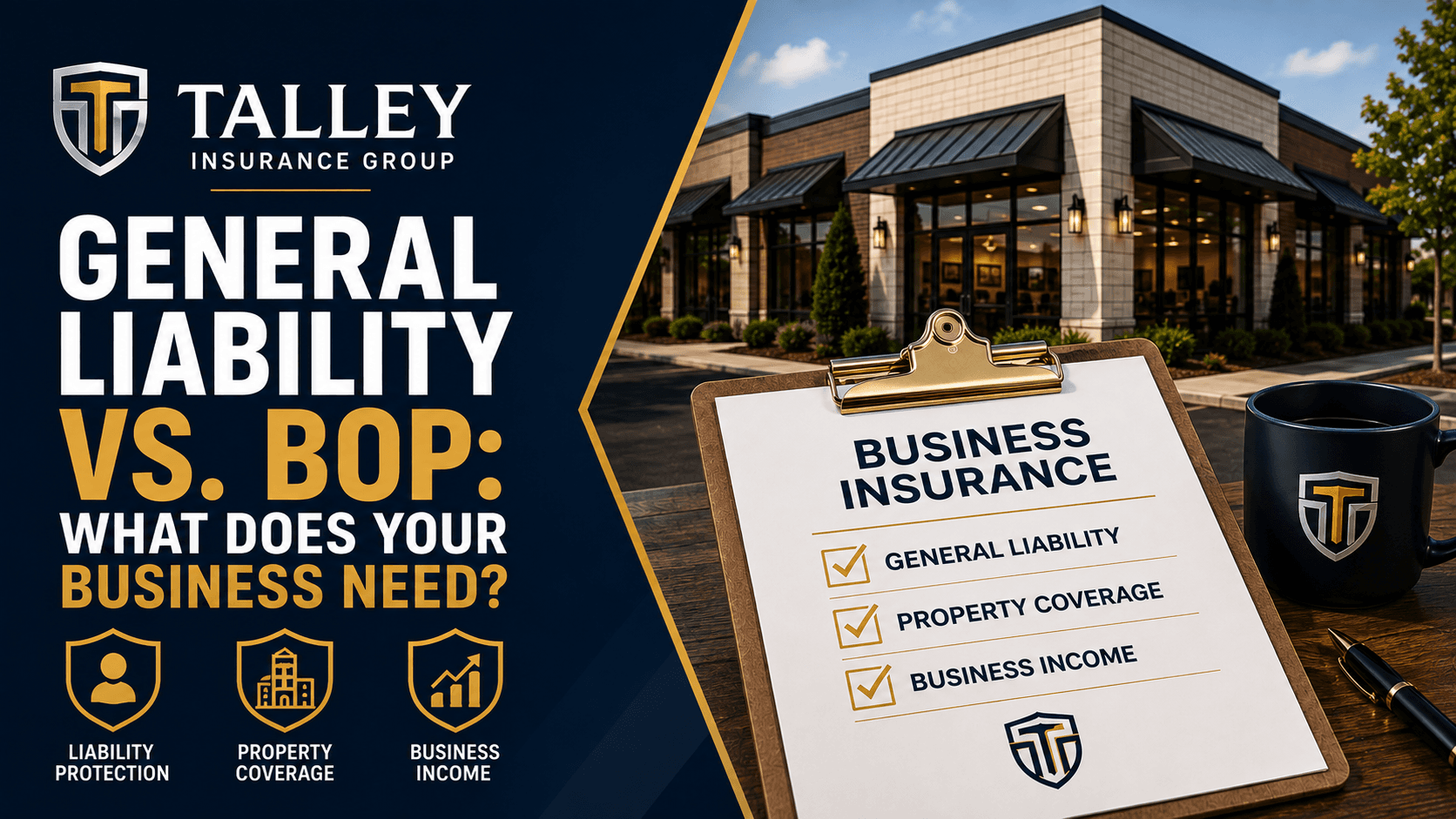 General Liability vs. BOP business insurance graphic from Talley Insurance Group featuring a commercial property and business coverage checklist.