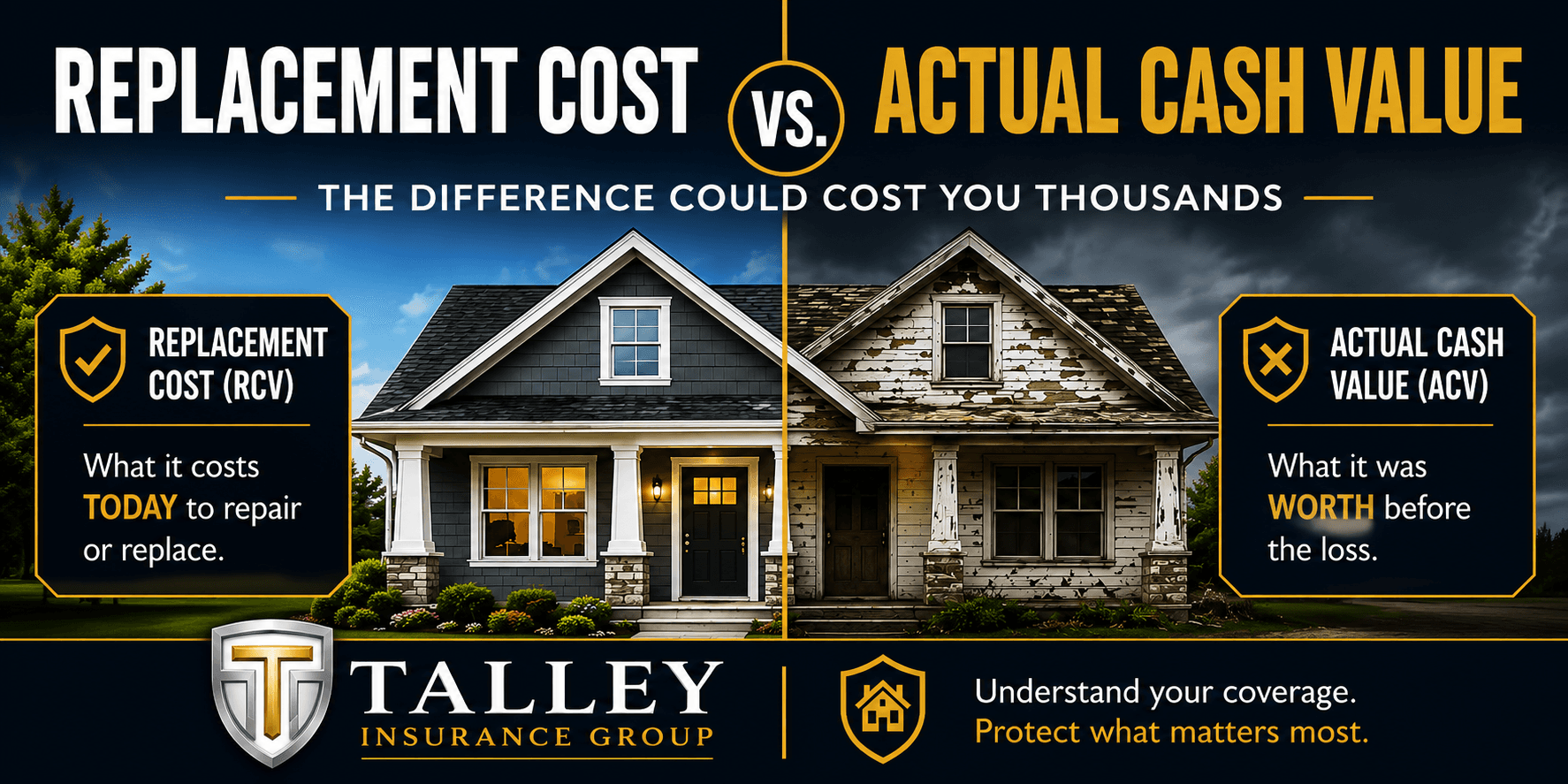 Replacement cost vs. actual cash value homeowners insurance comparison from The Talley Insurance Group, explaining how RCV and ACV affect property claim payouts.